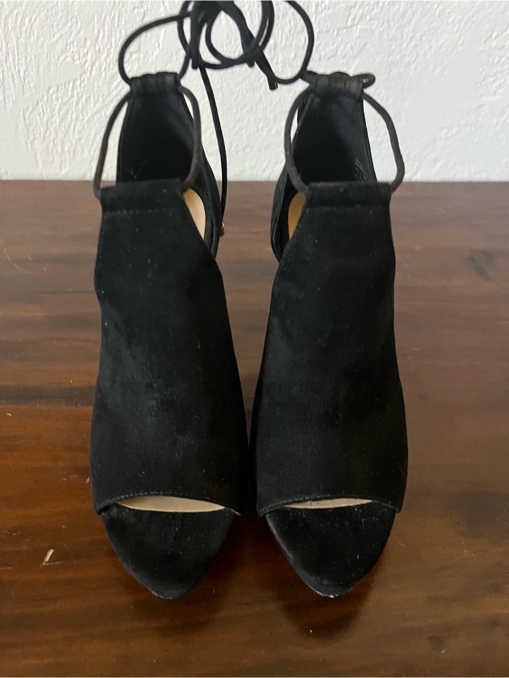 Aldo Black Suede Lace-Up Peep Toe Ankle Heels